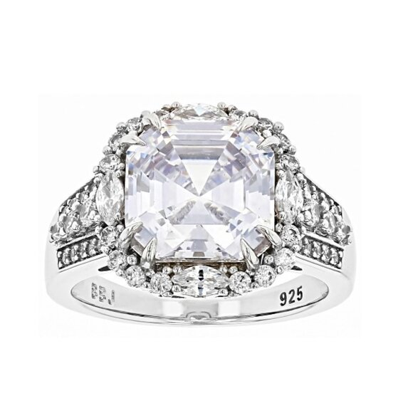 JTV White Cubic Zirconia Rhodium Over Sterling Silver Asscher Cut Ring - Size 8 - Picture 1 of 9